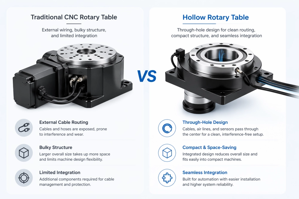 hollow rotary table for cnc cable routing and compact integration