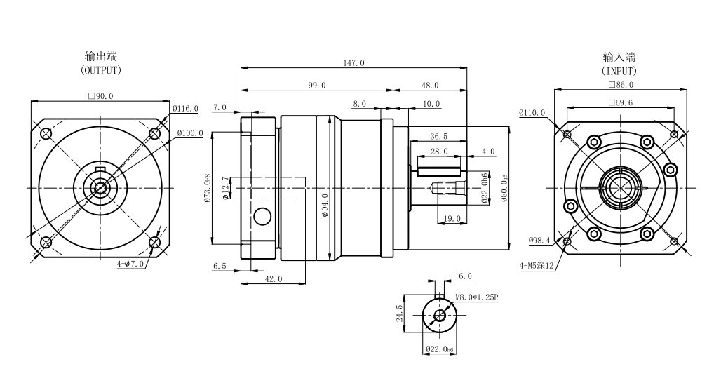 VRB90 inline planetary gearbox outline dimensional drawing