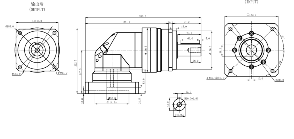 Right angle servo gearbox motor interface and output shaft configuration