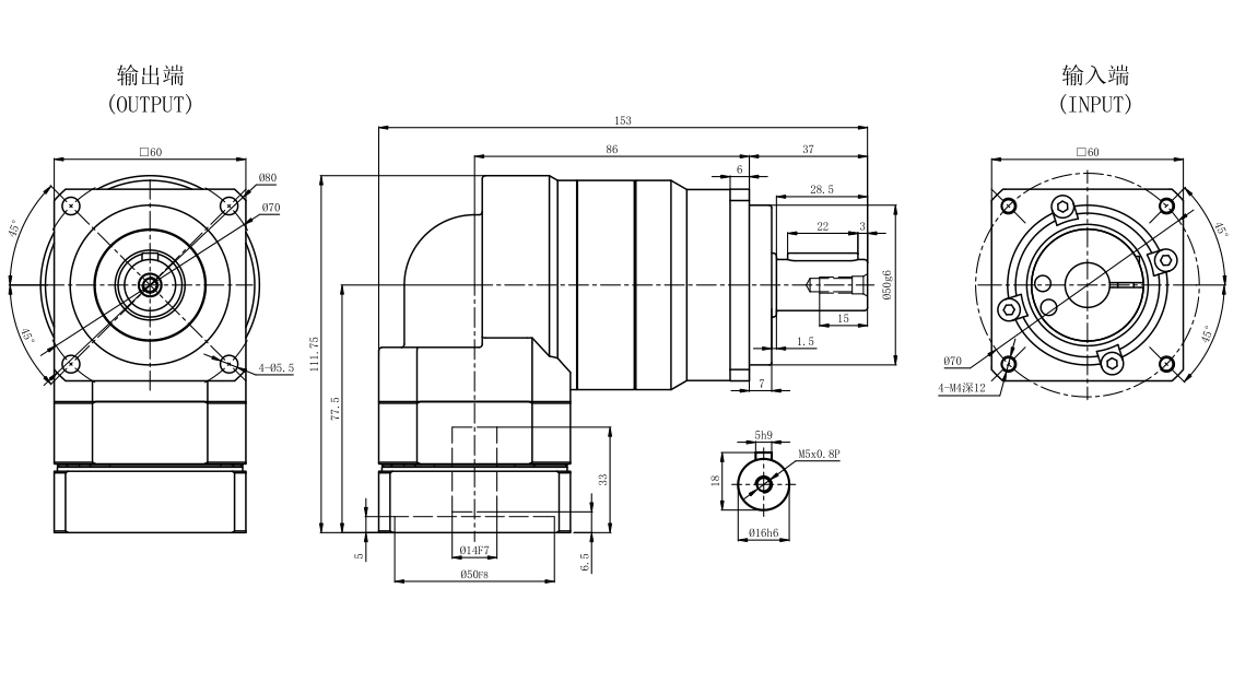 VRBR60-L1 right angle planetary gearbox outline dimensional drawing