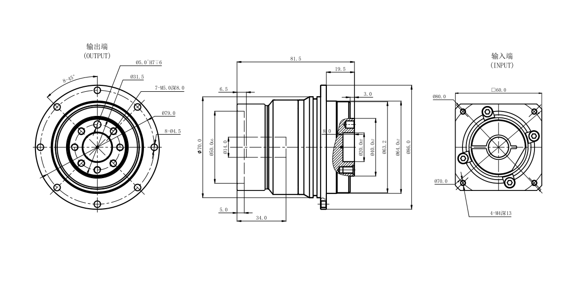 ZCD60-L1 inline planetary gearbox outline dimensional drawing