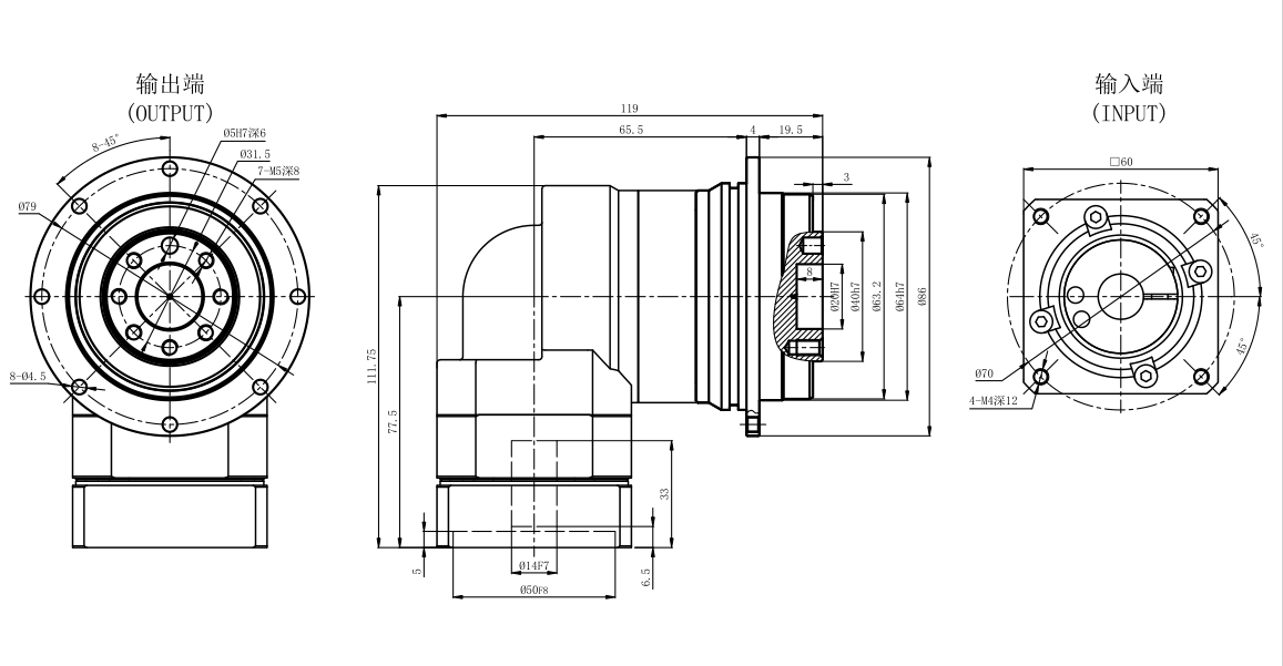 ZCDR60-L1 right angle planetary gearbox outline dimensional drawing