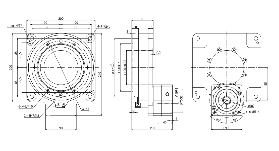 ZCTK200 10 or 18 ratio hollow rotary table outline drawing