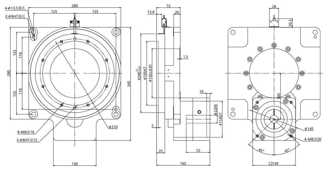ZCTK280 10 or 18 ratio hollow rotary table outline drawing