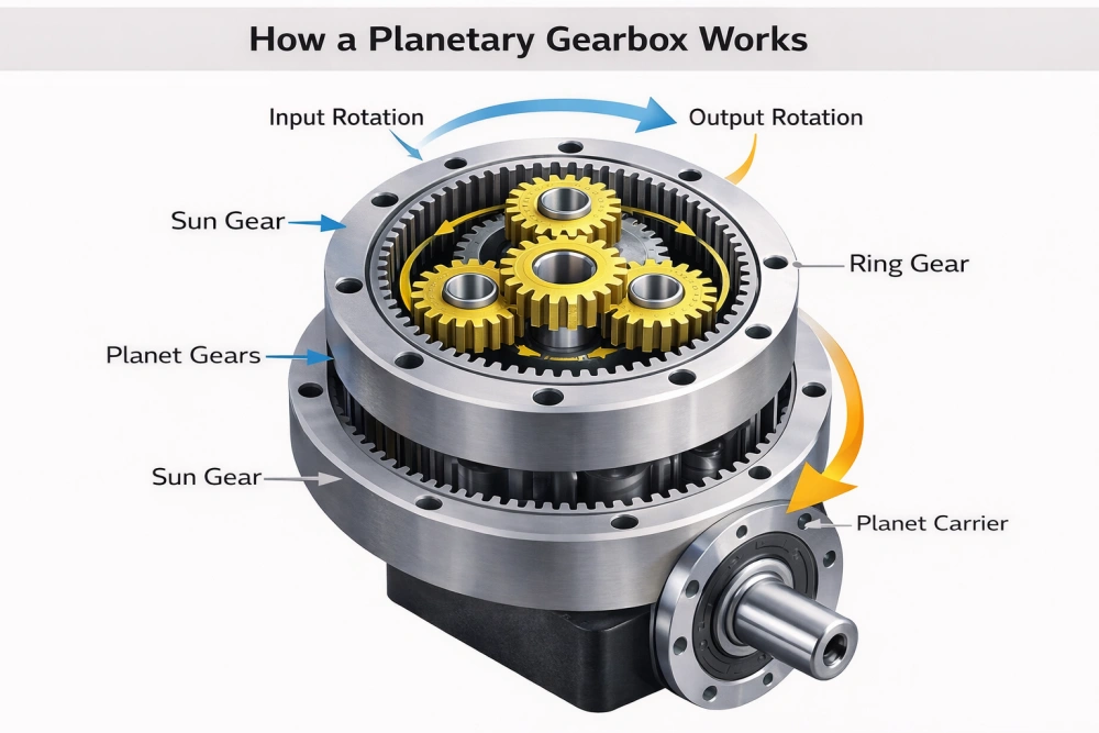 how a planetary gearbox works showing sun gear planet gears and ring gear motion