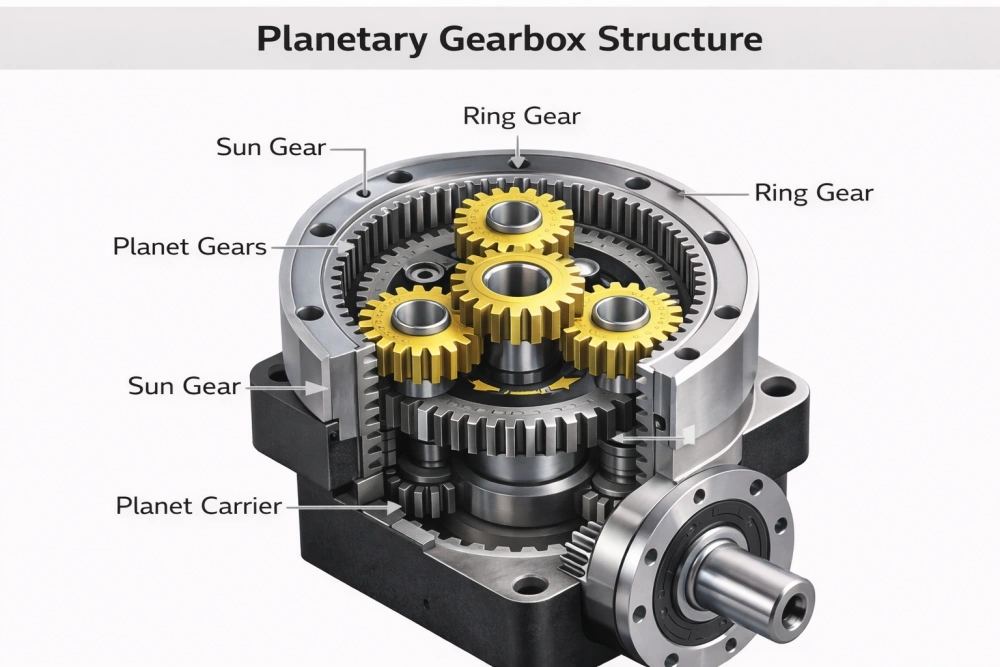 planetary gearbox structure diagram with sun gear ring gear and planet carrier labeled