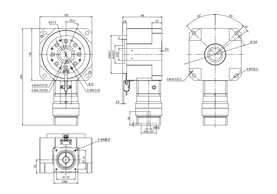 ZCM130-L1 right angle hollow rotary table outline dimensional drawing