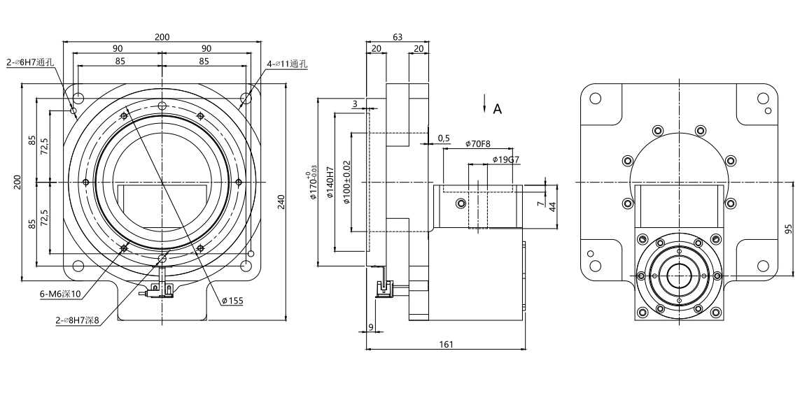 ZCTR200 corner hollow rotary table outline drawing reference 1