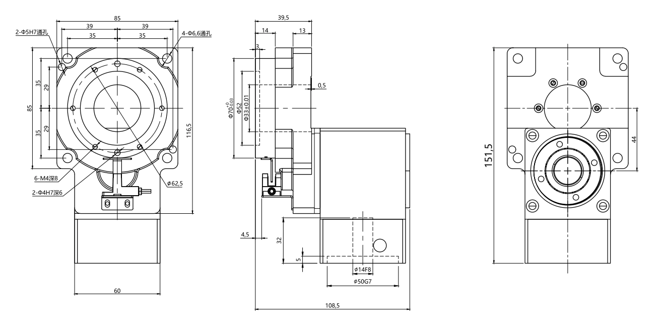 ZCTR85 10 15 25 ratio drawing for 57 stepper motor interface