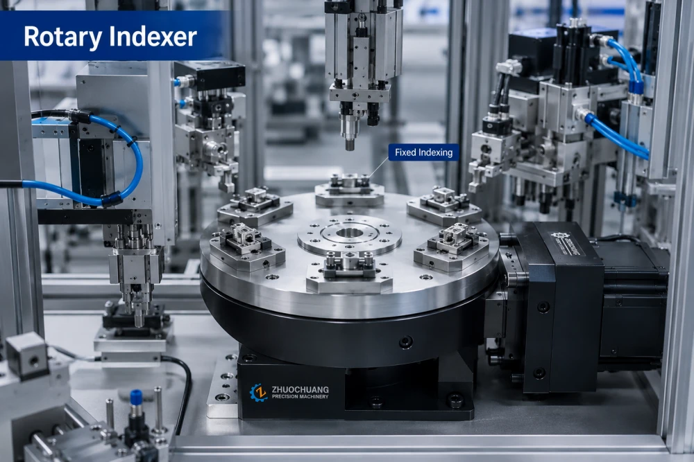 Rotary indexer used in automated assembly machine with fixed indexing positions