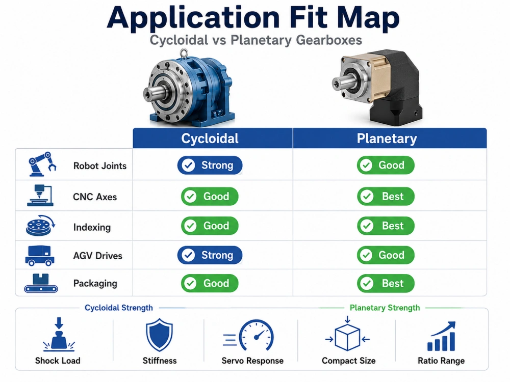 cycloidal and planetary gearbox application fit map for robotics CNC and automation
