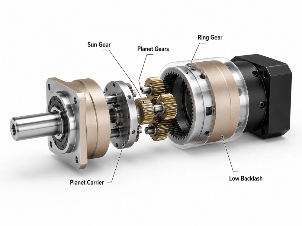 3D epicyclic planetary gearbox exploded view showing sun gear planet gears and ring gear