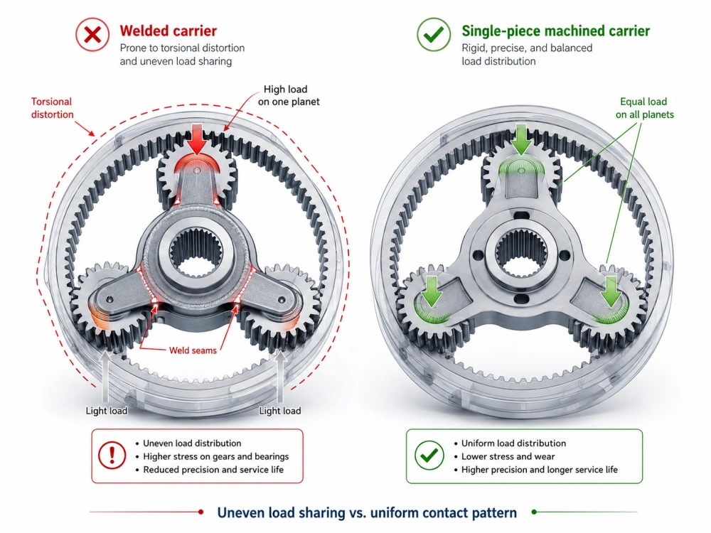 One-piece machined planetary carrier vs welded carrier showing uniform load distribution and distortion comparison