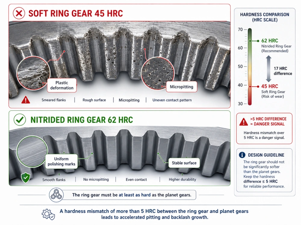 Surface wear comparison between soft 45 HRC ring gear with pitting and 62 HRC nitrided ring gear