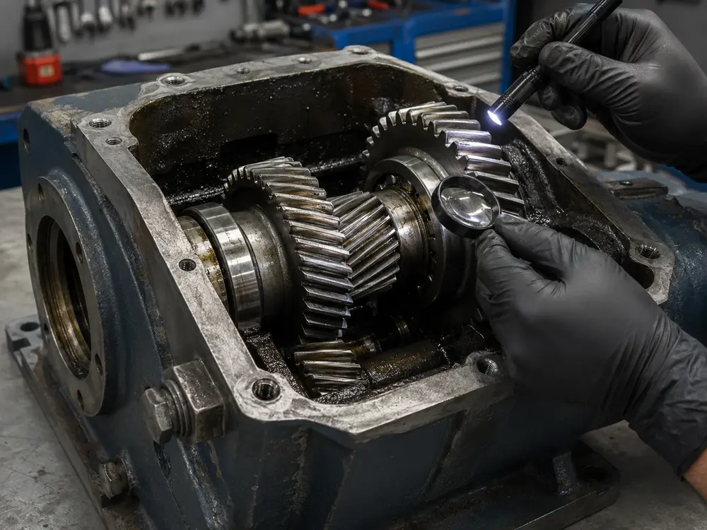 Conveyor belt gearbox failure analysis showing common wear patterns on gears and bearings
