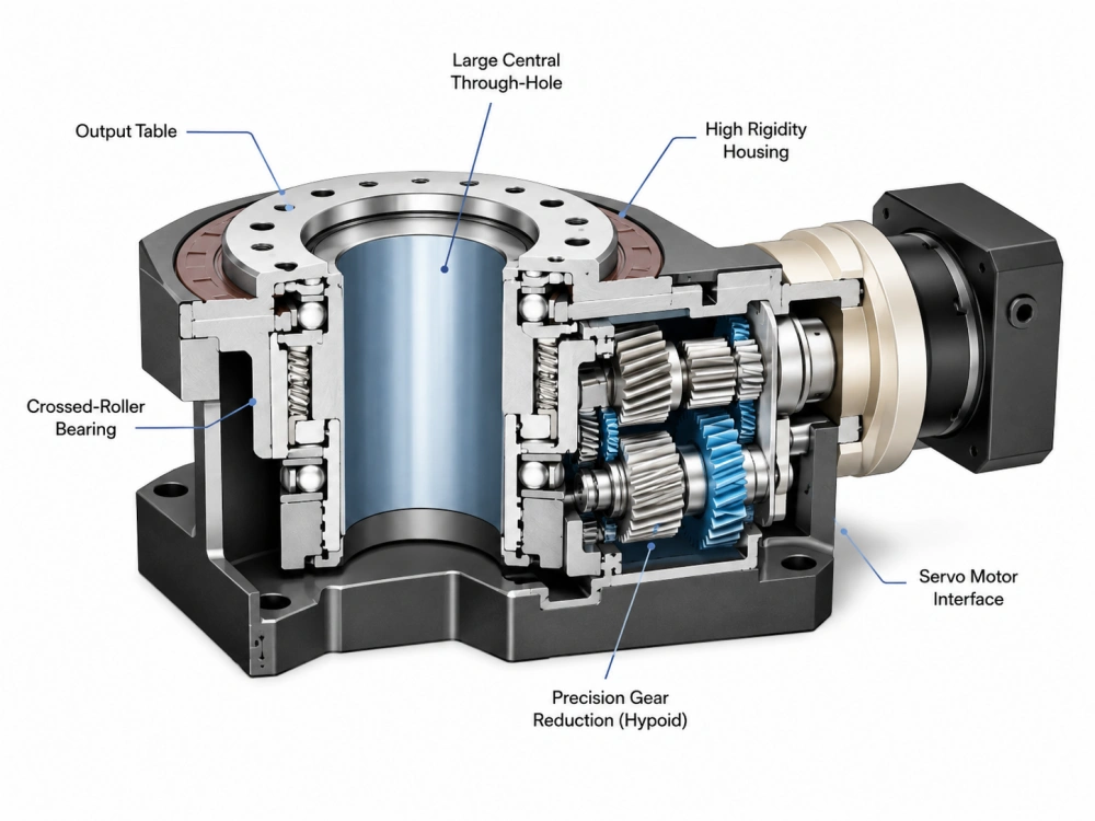 Cross-section view of a hollow rotary table showing internal gear train, bearings, and central bore