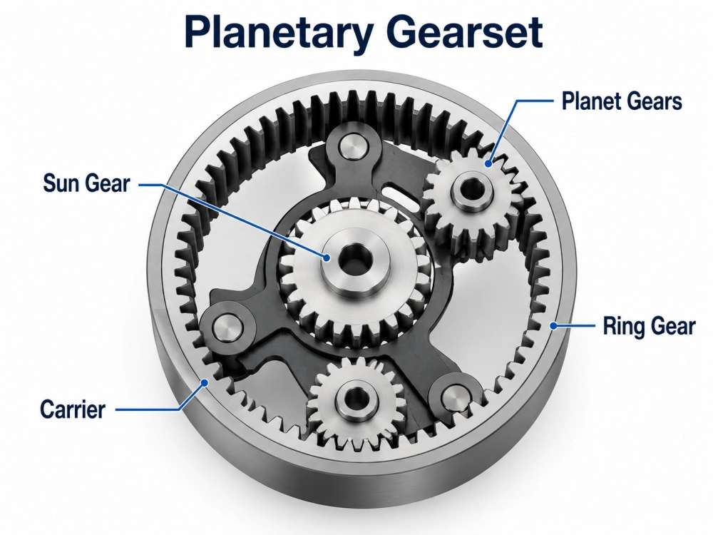 planetary gearset diagram with sun gear planet gears ring gear and carrier