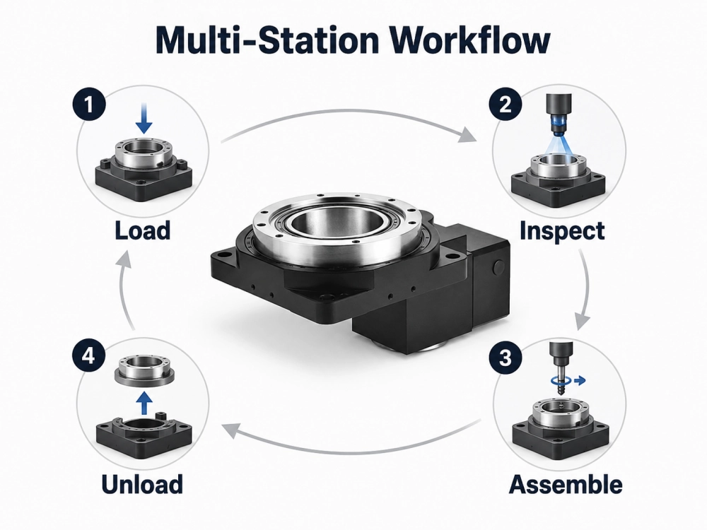 Multi-station workflow diagram using rotary positioning tables