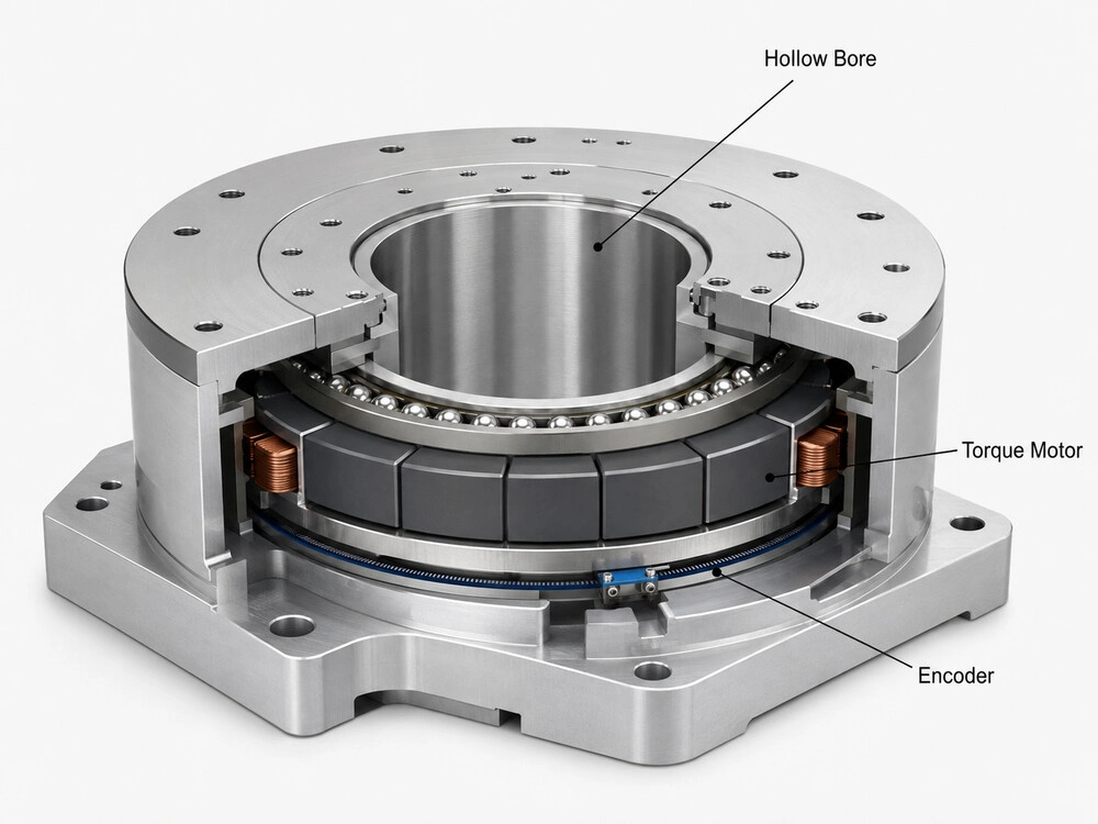 Direct drive rotary table torque motor cut-away view with hollow through bore