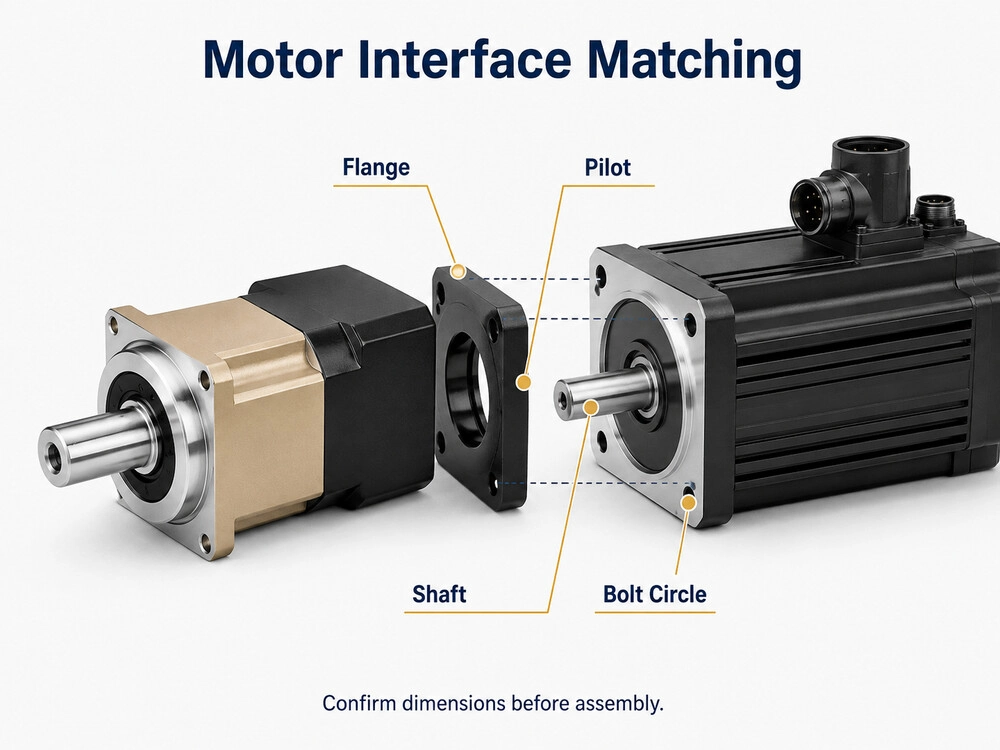 Planetary gearbox with motor flange and shaft interface matching diagram
