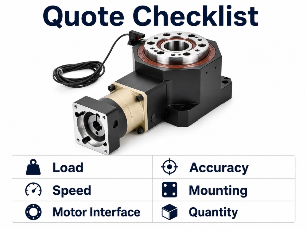 Rotary indexer quotation checklist with product image showing load speed accuracy mounting and quantity