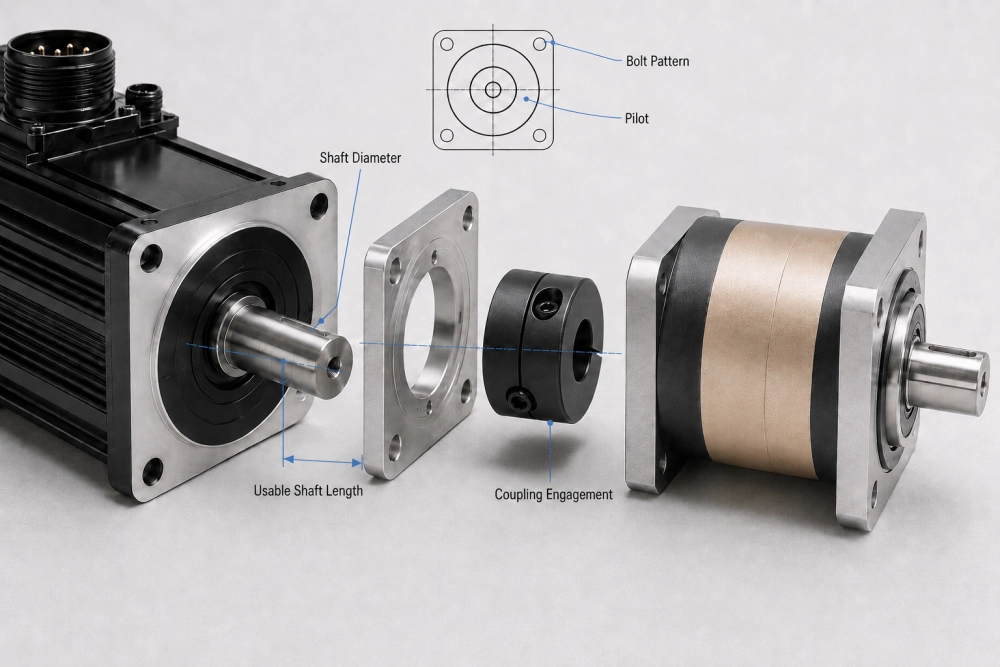 Servo motor gearbox shaft pilot flange and coupling inspection