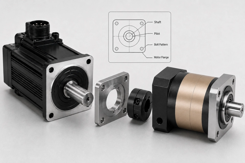 Servo motor shaft flange pilot and planetary gearbox adapter verification