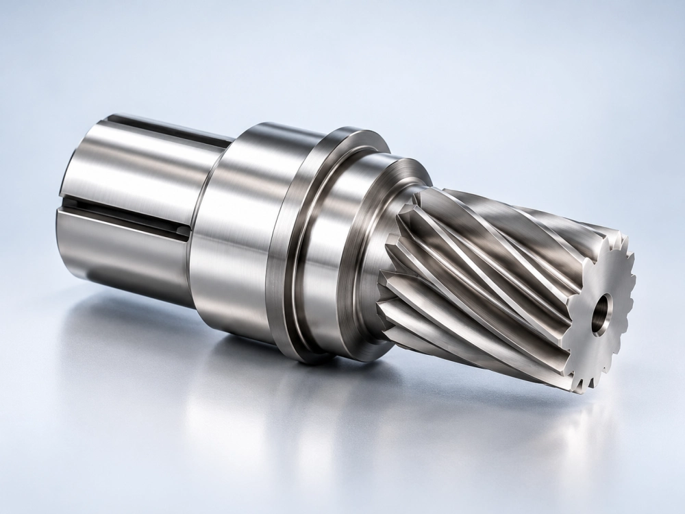 Precision helical pinion gear shaft with machined bearing and coupling interfaces