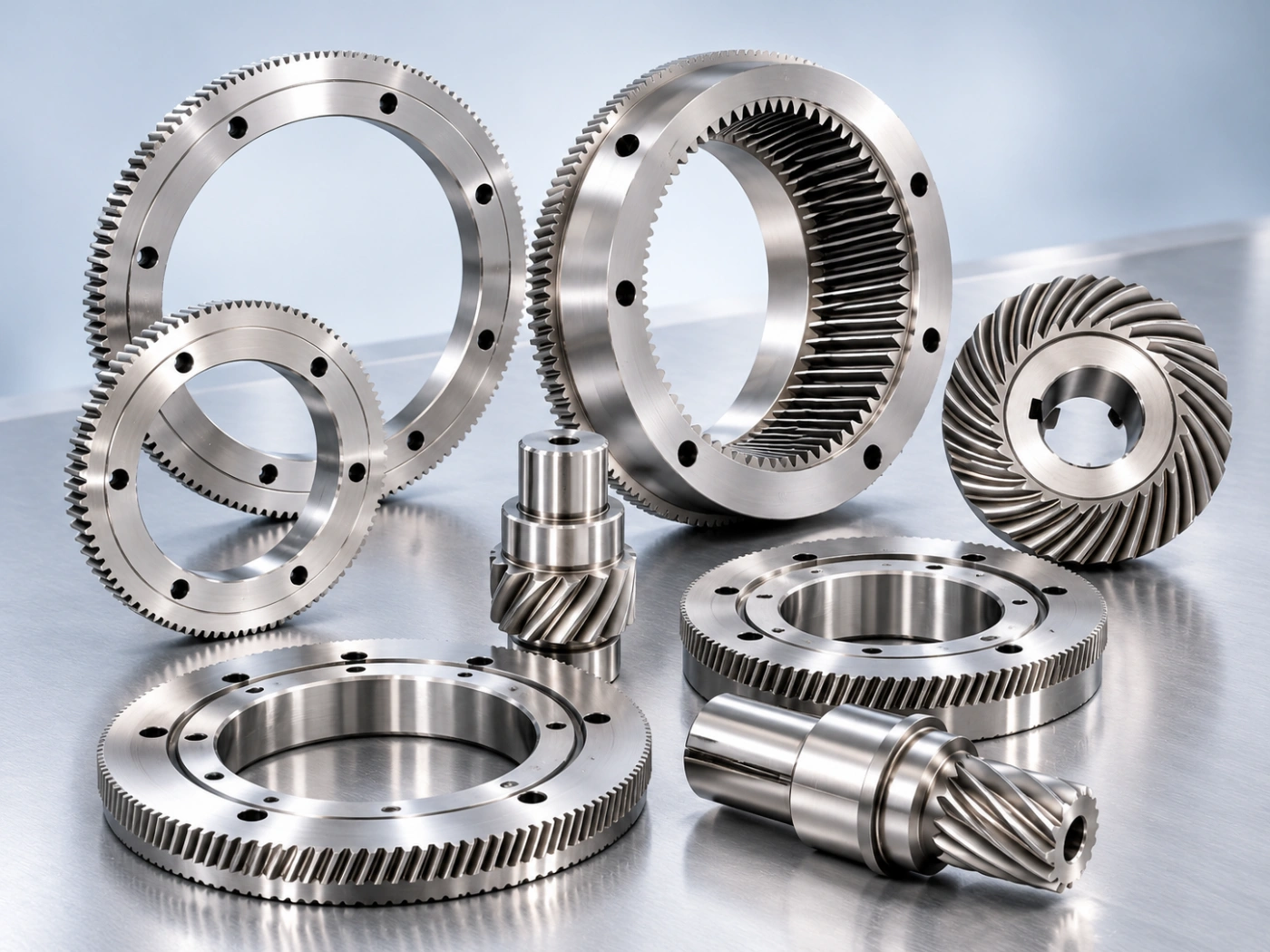 Precision industrial gears including ring gears, helical gears and gear shafts